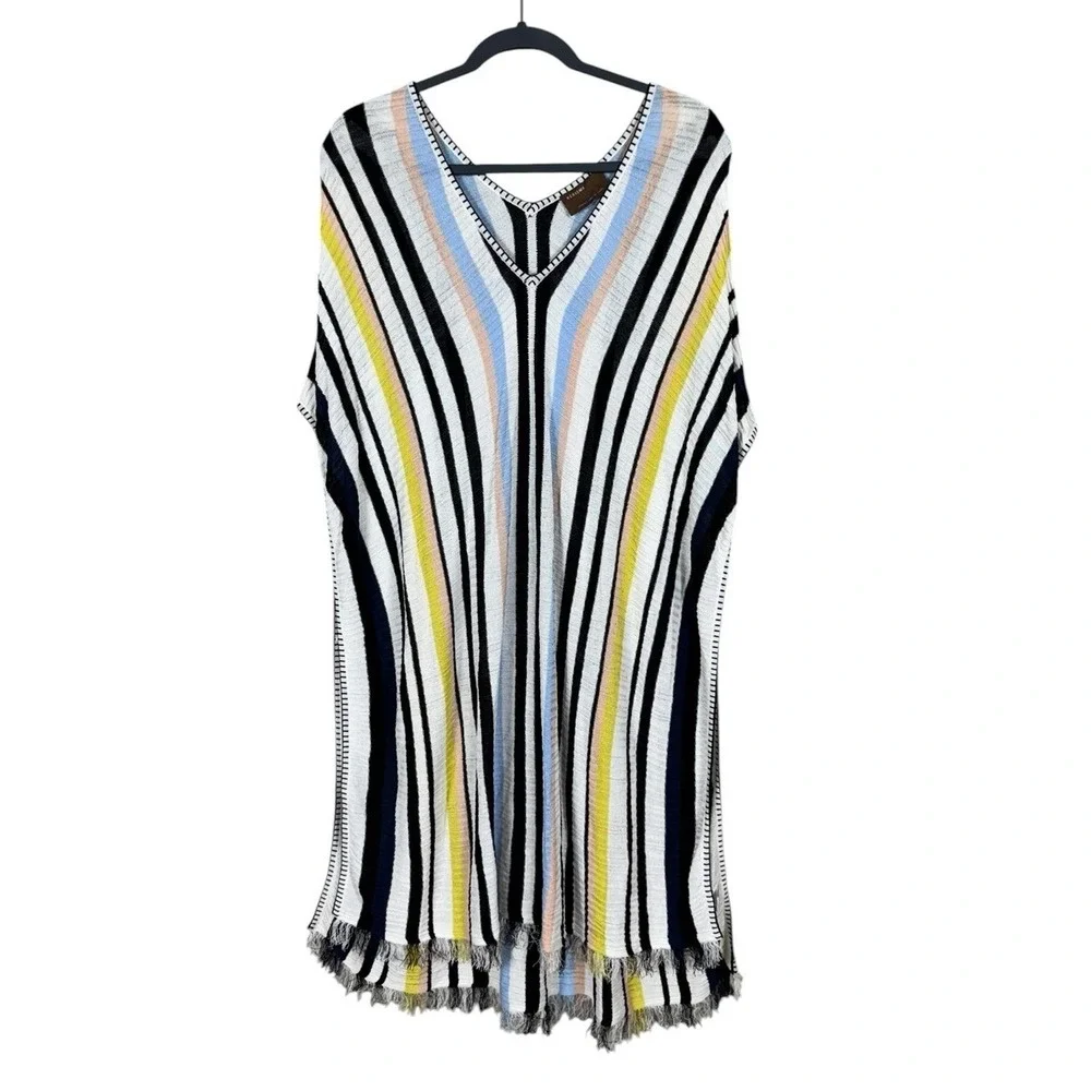 Womens Bohemian Striped Knit Poncho Duster OS Coastal Euro Summer Festival Beach